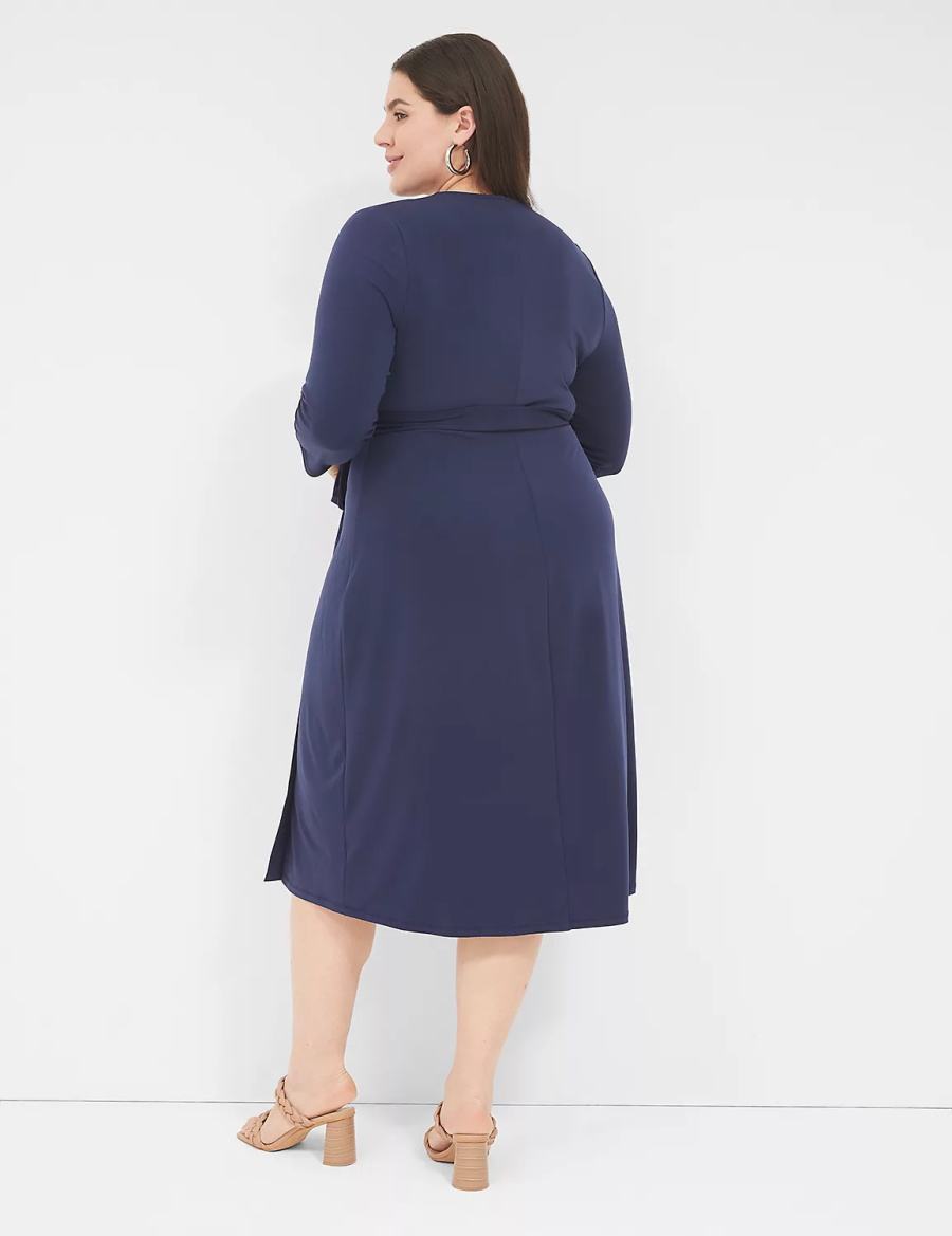 Lane Bryant 3/4-Sleeve Faux-Wrap Jersey Abito Midi Donna Blu | MYI4958DR