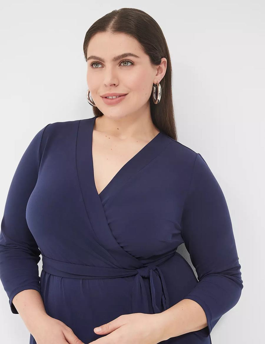 Lane Bryant 3/4-Sleeve Faux-Wrap Jersey Abito Midi Donna Blu | MYI4958DR