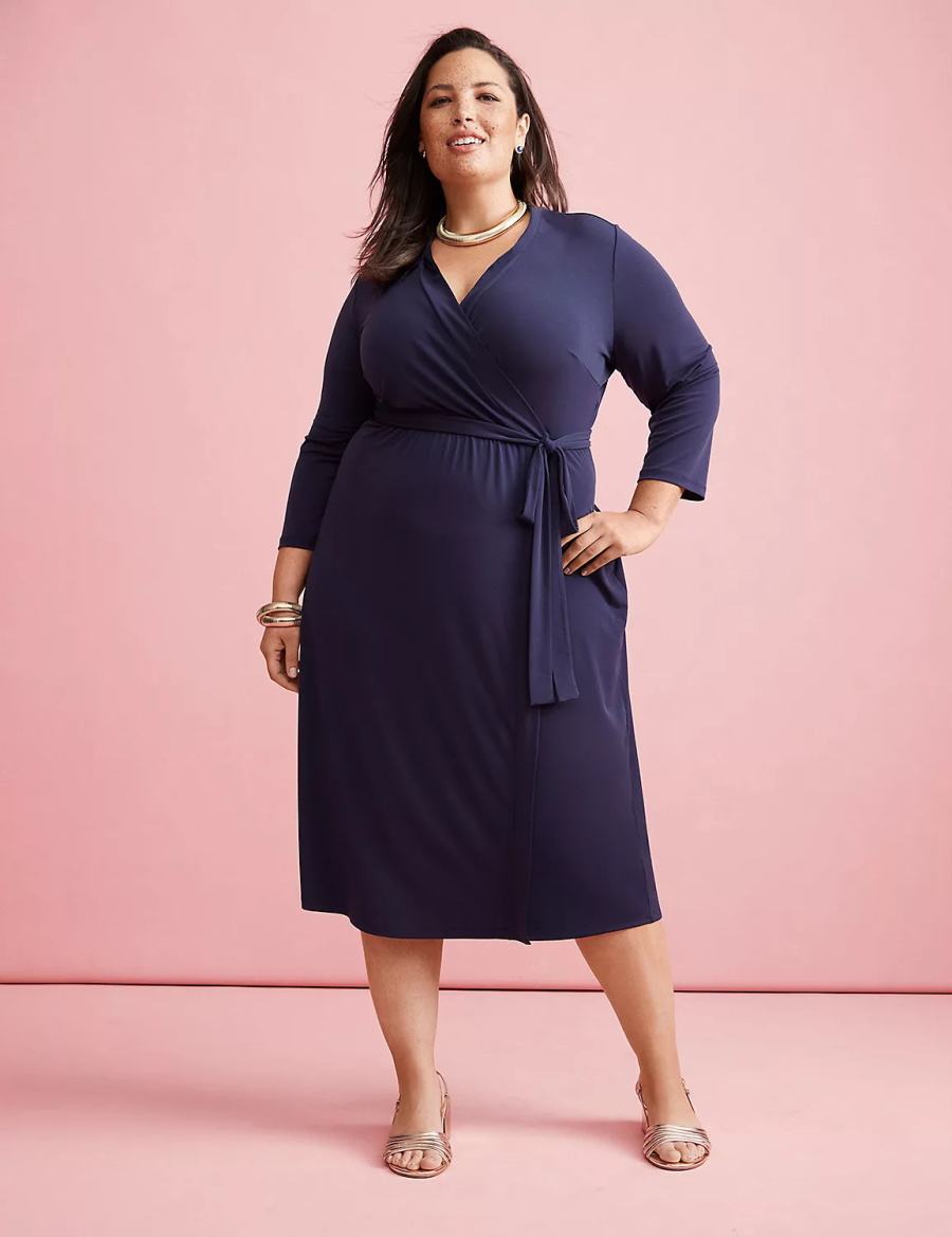 Lane Bryant 3/4-Sleeve Faux-Wrap Jersey Abito Midi Donna Blu | MYI4958DR