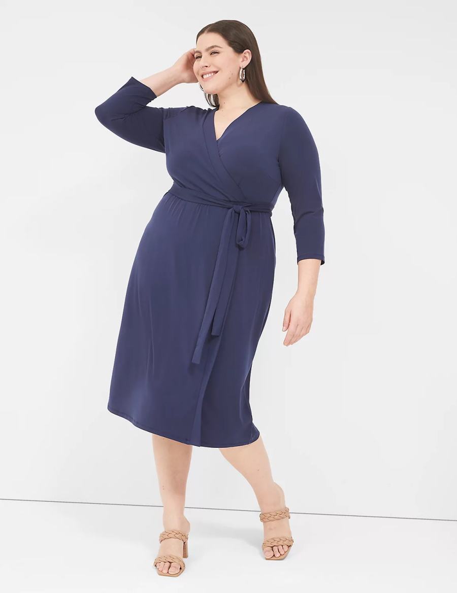 Lane Bryant 3/4-Sleeve Faux-Wrap Jersey Abito Midi Donna Blu | MYI4958DR