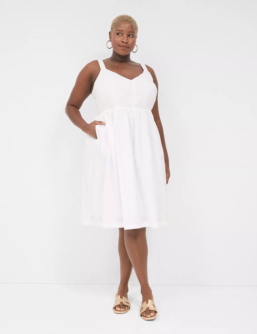 Lane Bryant Applique-Bodice Smocked-Back Abito Midi Donna Bianche | KBZ1652XQ