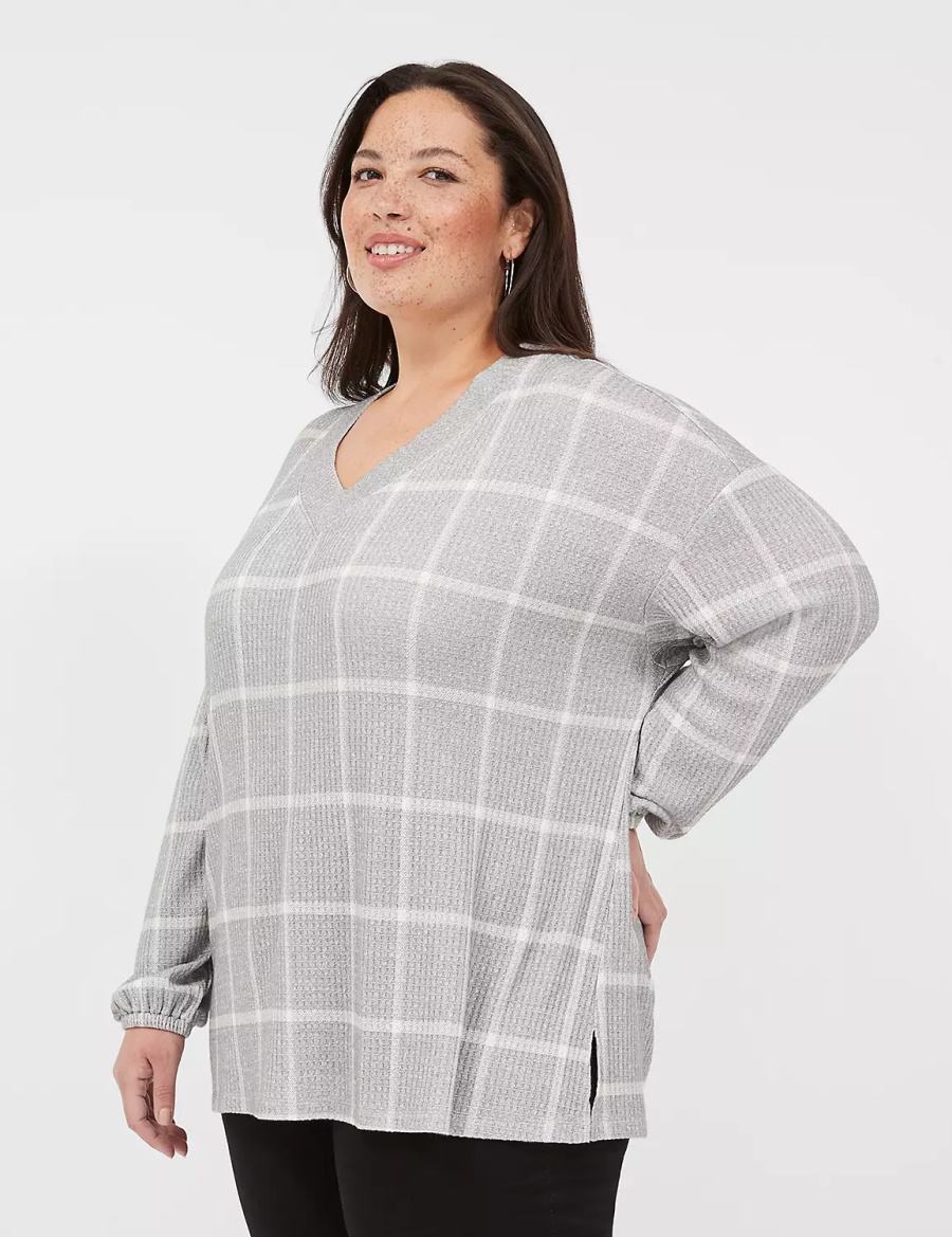 Lane Bryant Blouson-Sleeve V-Neck Waffle Tunic Magliette Donna Grigie | LKV3112NG