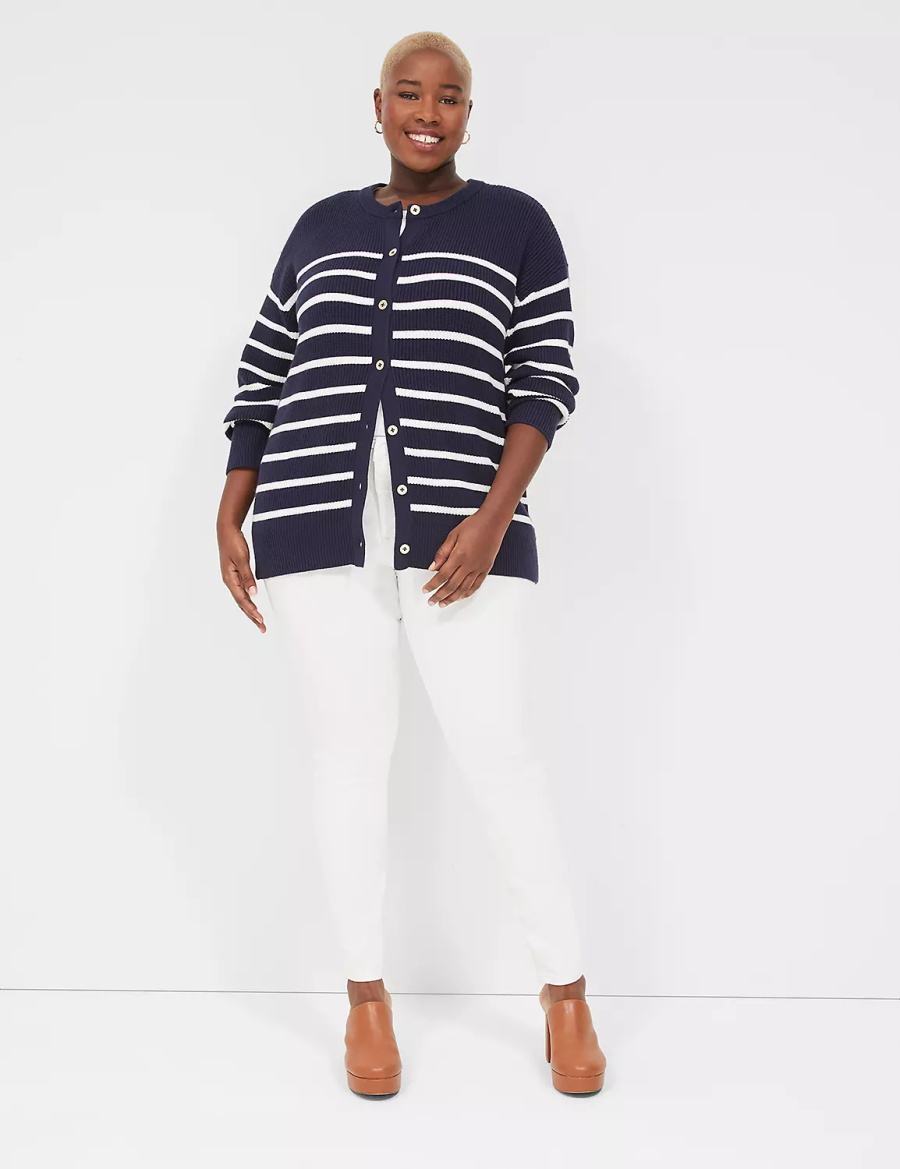 Lane Bryant Button-Front Stripe Cardigan Donna Blu | ABI2081KL