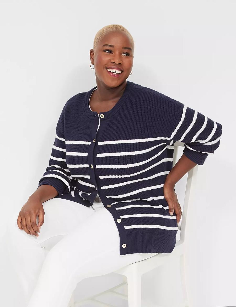 Lane Bryant Button-Front Stripe Cardigan Donna Blu | ABI2081KL