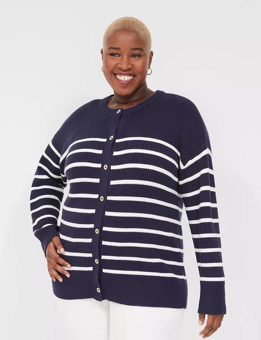 Lane Bryant Button-Front Stripe Cardigan Donna Blu | ABI2081KL