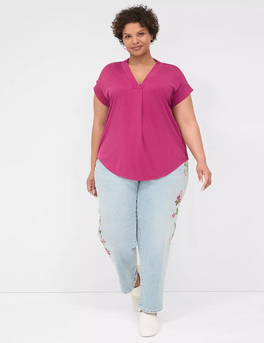 Lane Bryant Cap-Sleeve V-Neck Pleat-Front Top Magliette Donna Viola | BAA7538AN