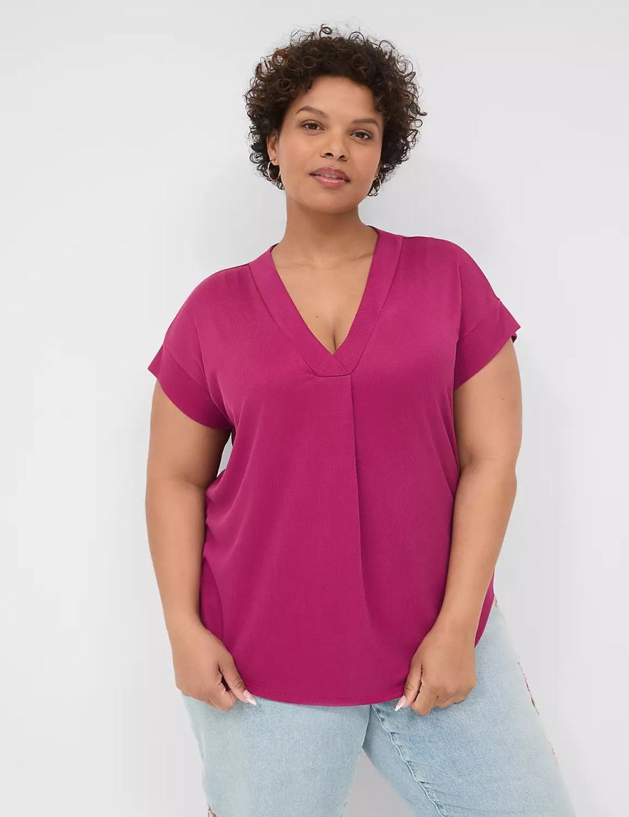 Lane Bryant Cap-Sleeve V-Neck Pleat-Front Top Magliette Donna Viola | BAA7538AN