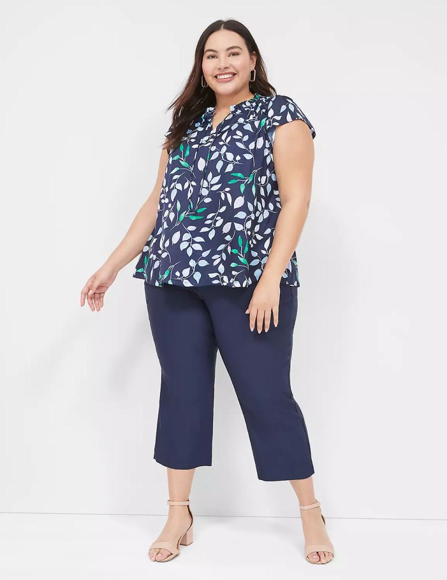 Lane Bryant Cap Flutter-Sleeve Satin & Knit Top Magliette Donna Blu Marino | CHX3194XZ