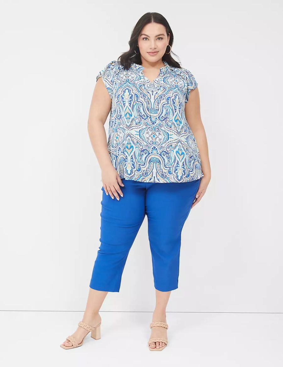 Lane Bryant Cap Flutter-Sleeve Satin & Knit Top Magliette Donna Blu | SWD7259YX