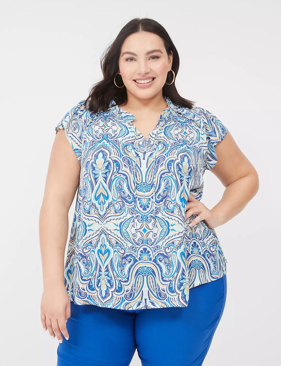 Lane Bryant Cap Flutter-Sleeve Satin & Knit Top Magliette Donna Blu | SWD7259YX