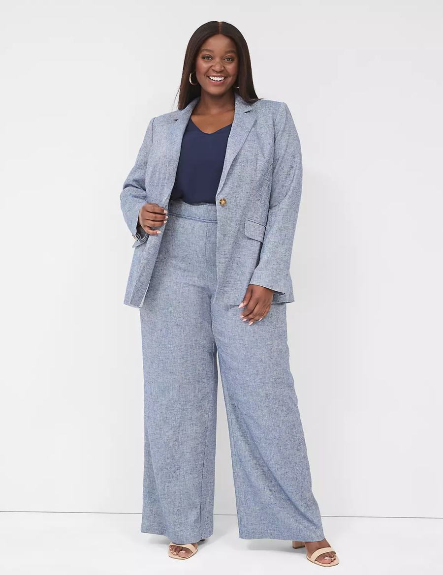 Lane Bryant Chambray Linen Long-Sleeve Blazer Donna Blu Grigie | MXF258ZN