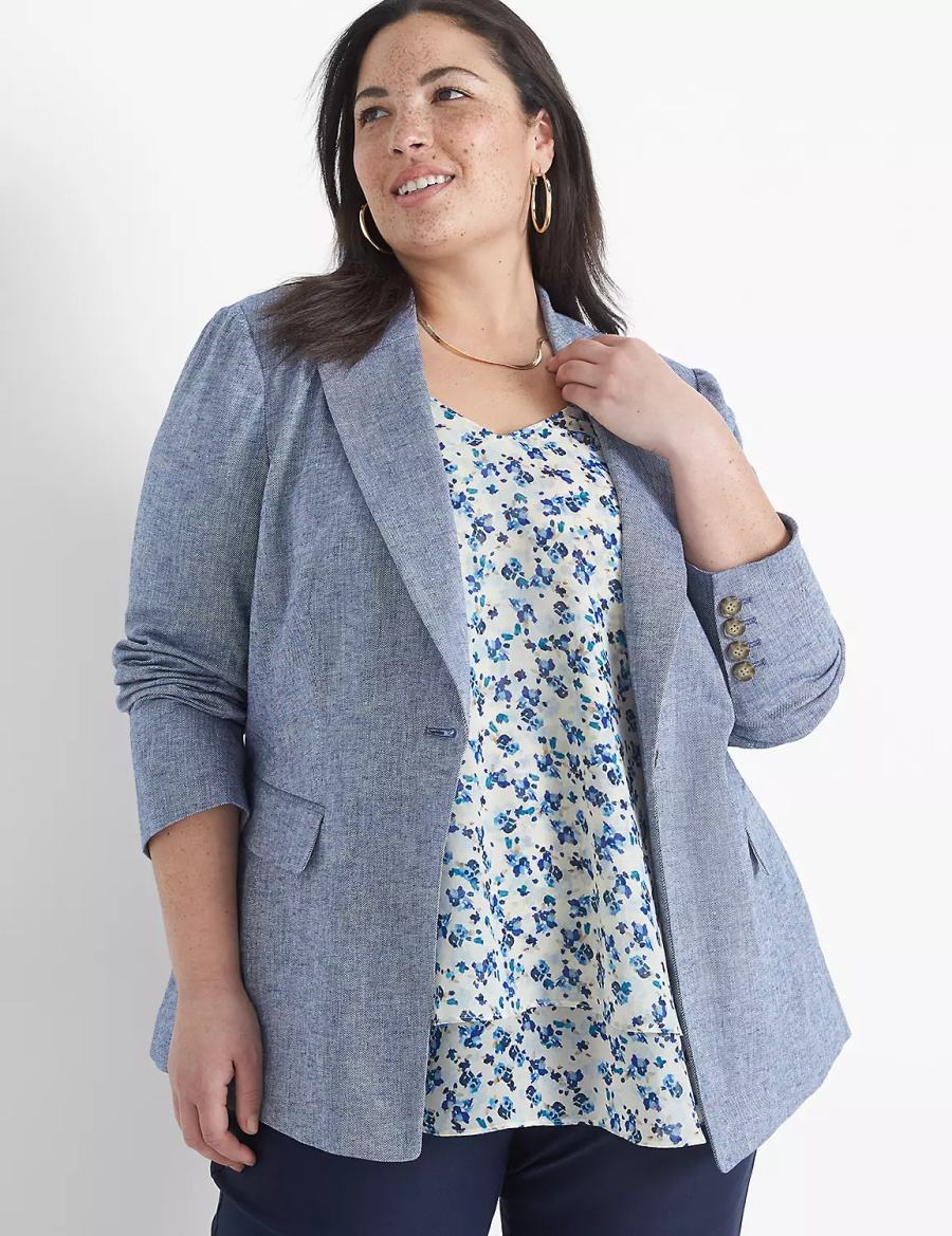 Lane Bryant Chambray Linen Long-Sleeve Blazer Donna Blu Grigie | MXF258ZN