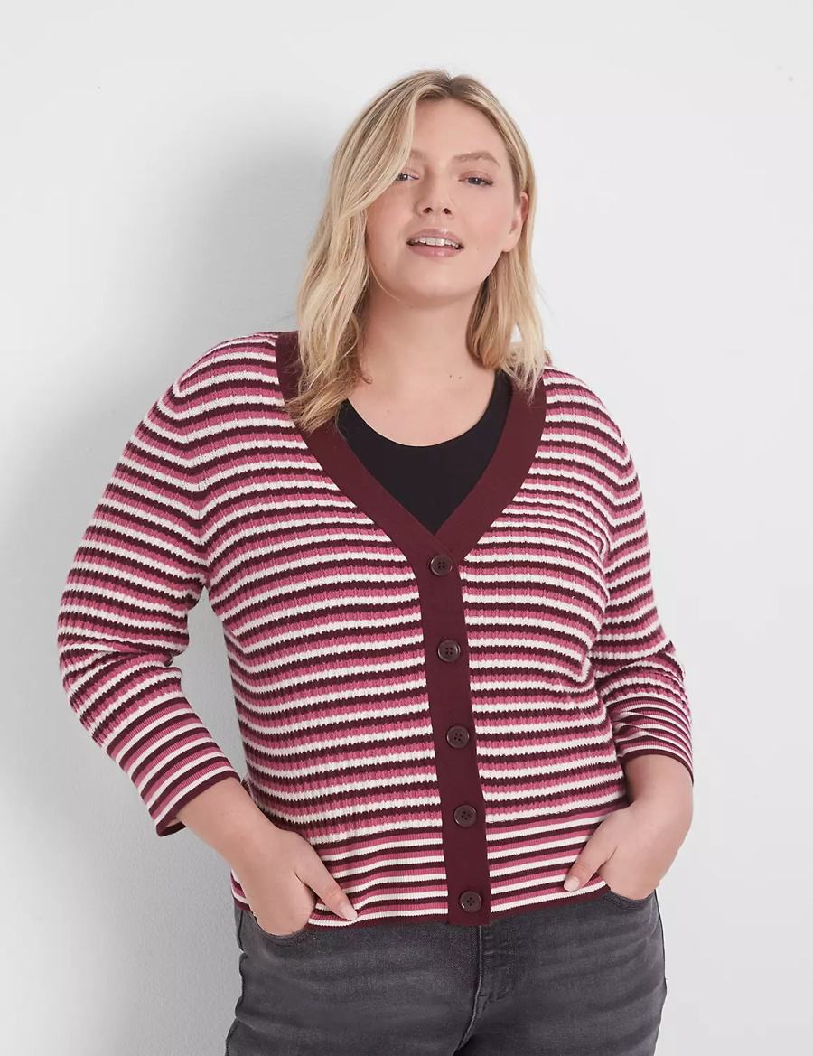 Lane Bryant Classic 3/4-Sleeve V-Neck Button-Front - Stripe Cardigan Donna Rosse | FON4382IR