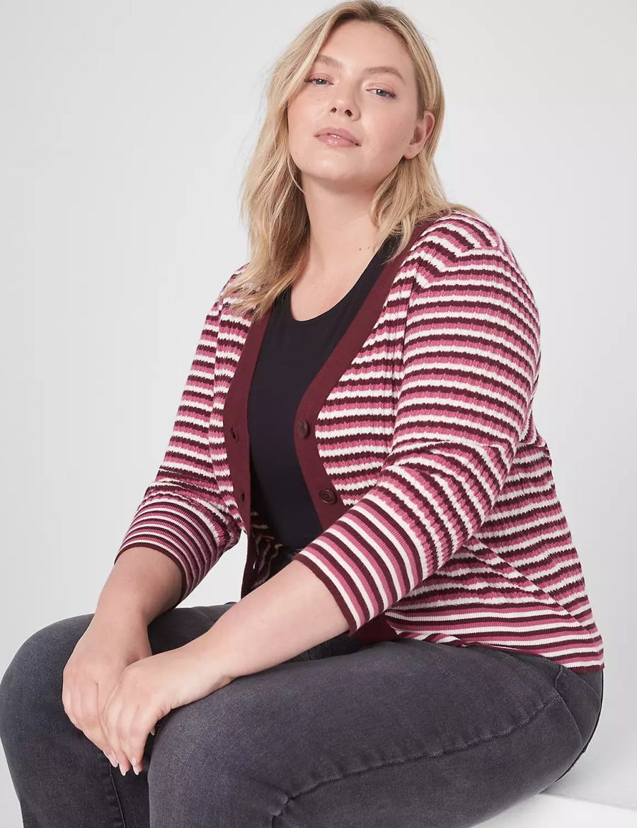 Lane Bryant Classic 3/4-Sleeve V-Neck Button-Front - Stripe Cardigan Donna Rosse | FON4382IR