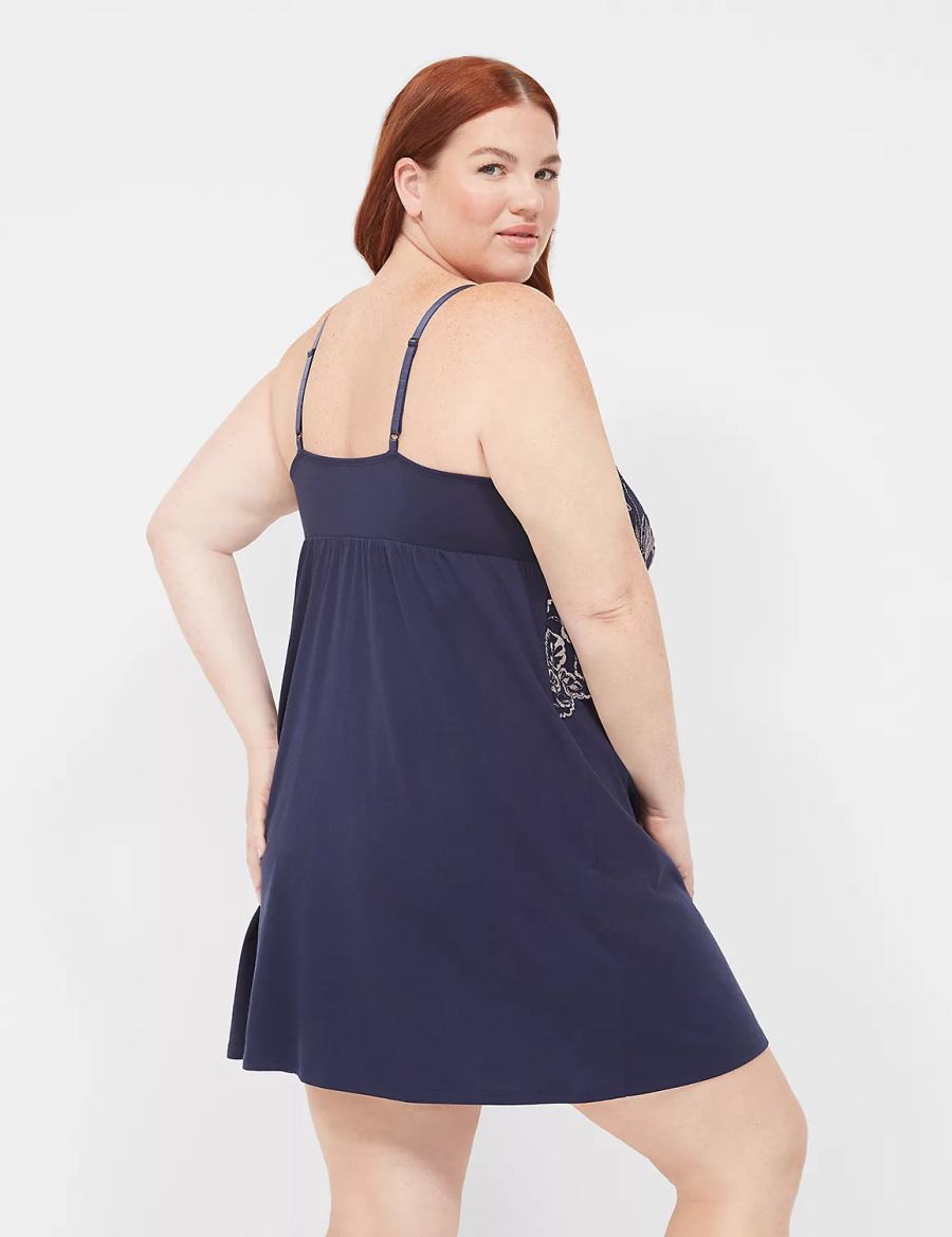 Lane Bryant Comfy Cotton Lace-Trim Chemise Vestito Donna Blu | SMJ6983JN