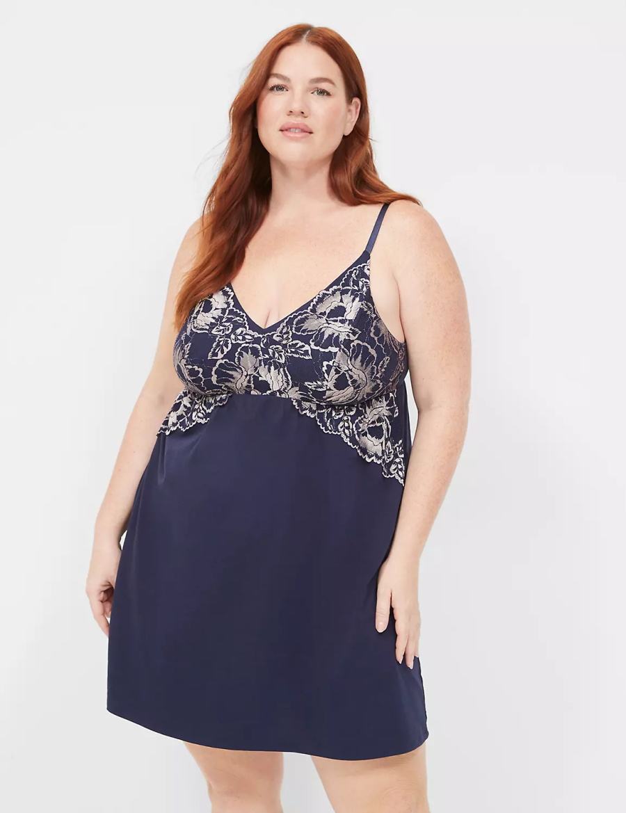 Lane Bryant Comfy Cotton Lace-Trim Chemise Vestito Donna Blu | SMJ6983JN