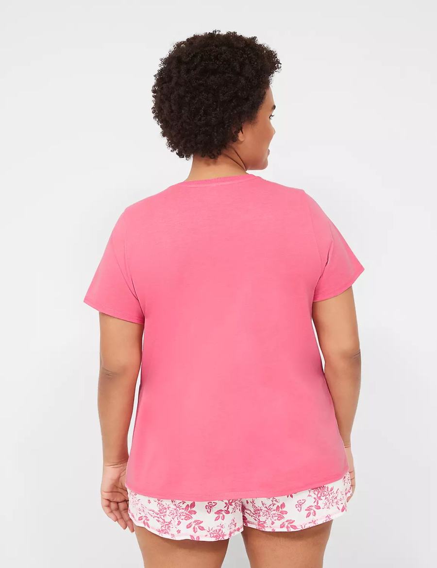 Lane Bryant Comfy Cotton Rib-Trim Tee & Short PJ Set Pigiama Donna Rosa Bianche | COC5388SM