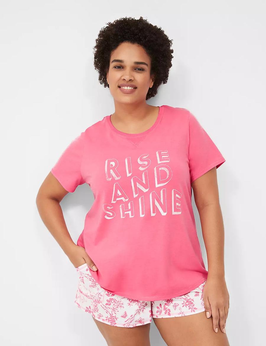 Lane Bryant Comfy Cotton Rib-Trim Tee & Short PJ Set Pigiama Donna Rosa Bianche | COC5388SM