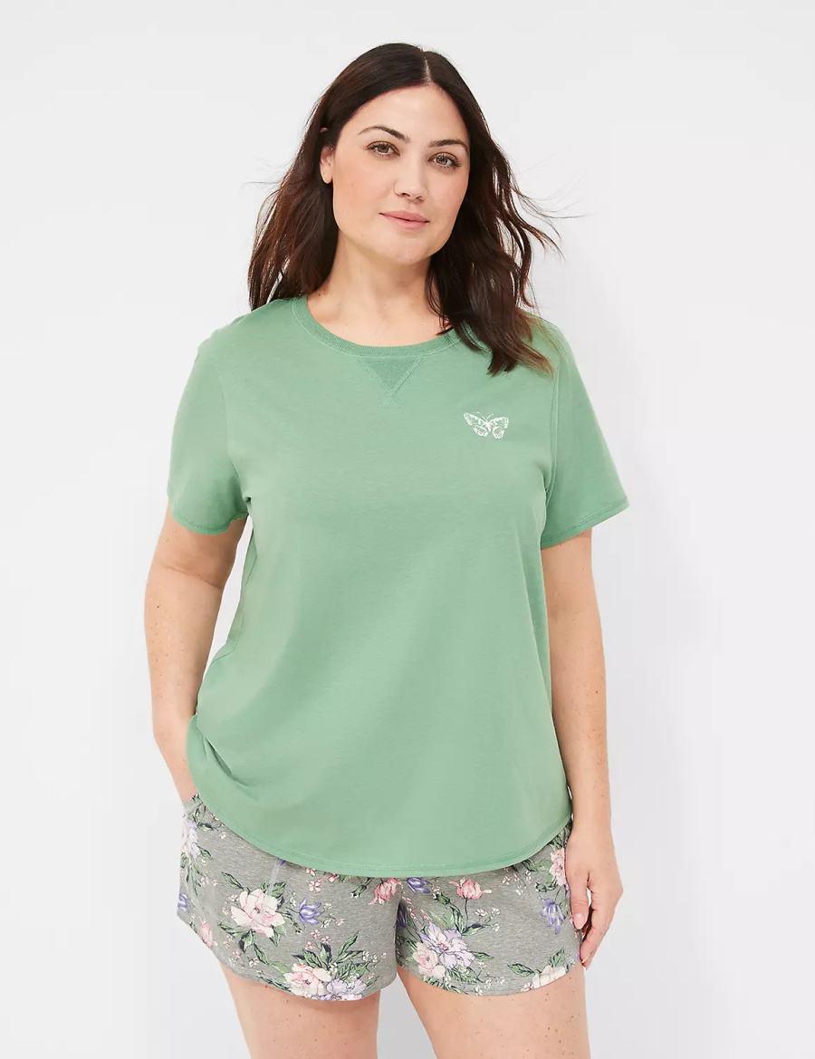 Lane Bryant Comfy Cotton Rib-Trim Tee & Short PJ Set Pigiama Donna Verdi Colorate | PTC24100LH