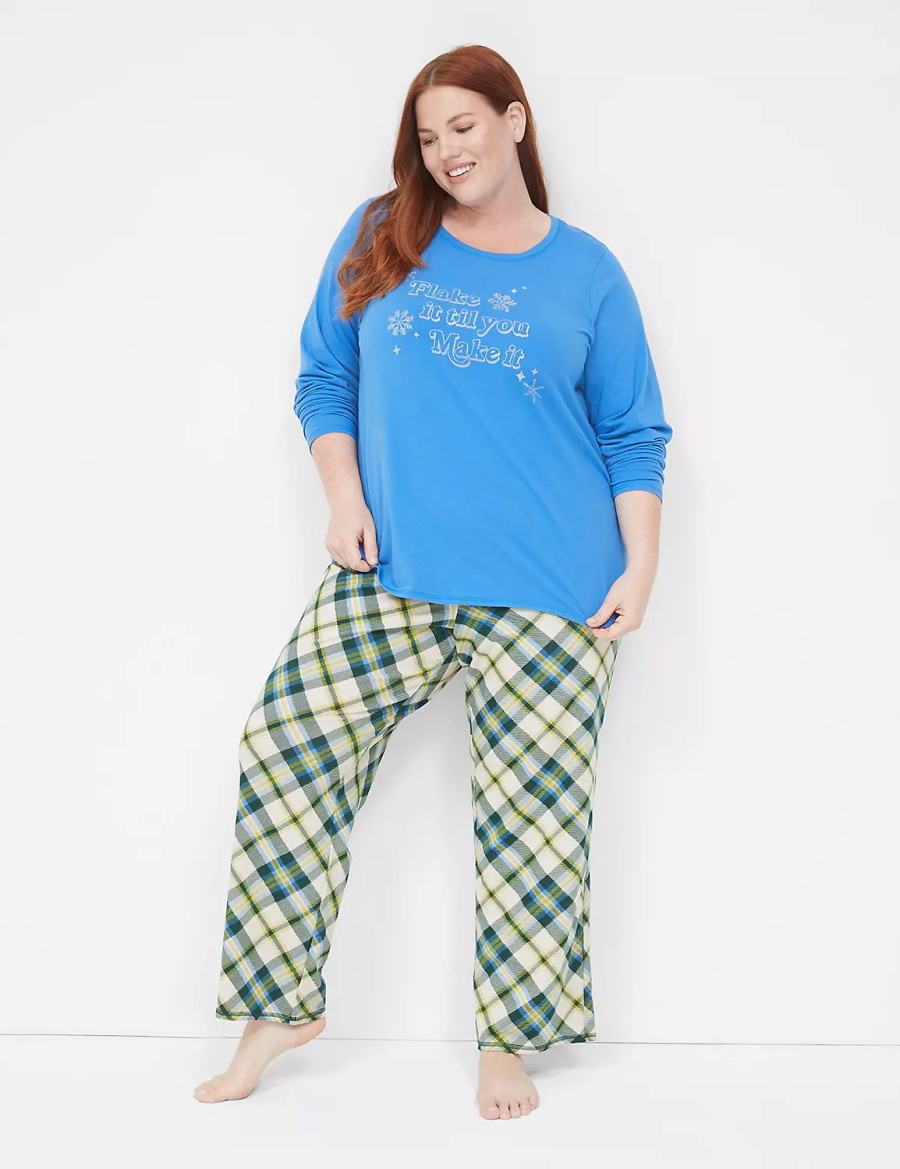 Lane Bryant Comfy Cotton Shirt & Pant PJ Set Pigiama Donna Blu Colorate | AOG493FJ