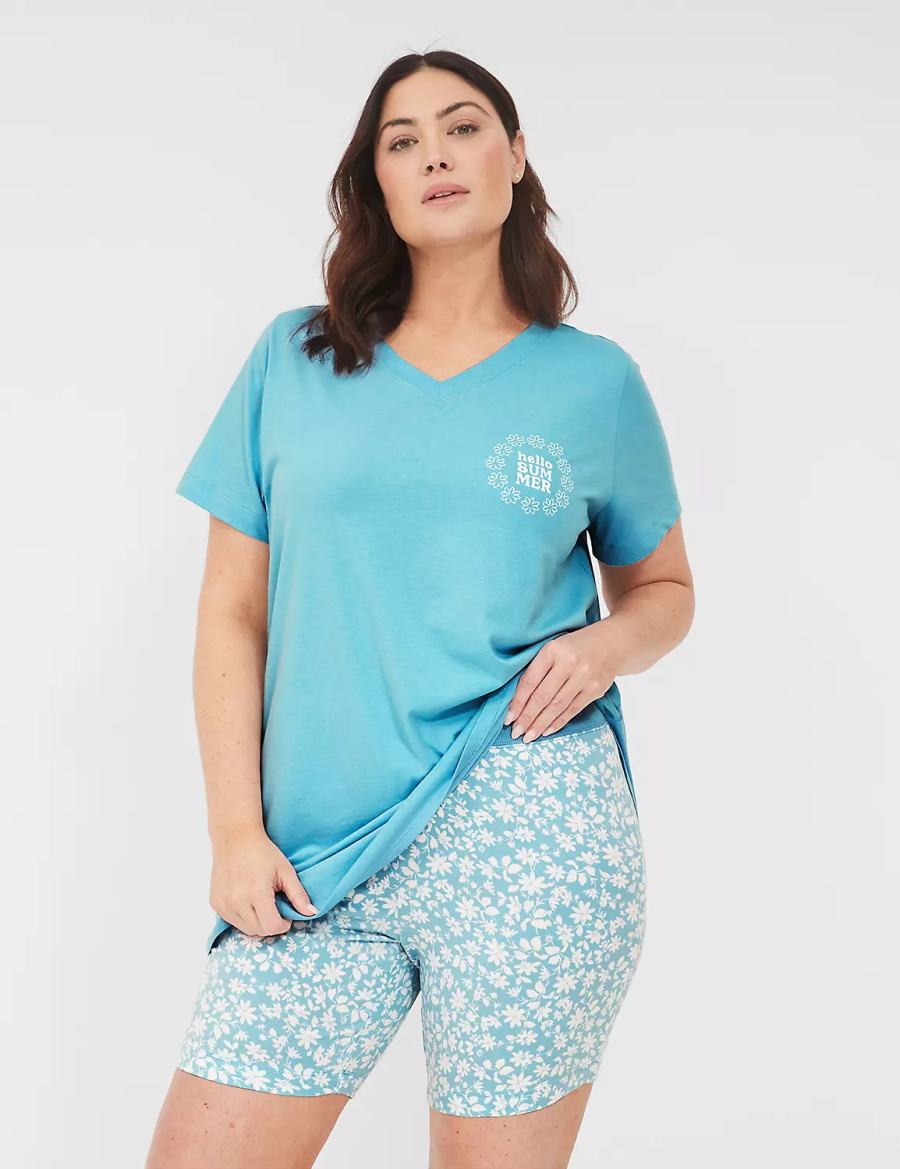 Lane Bryant Comfy Cotton Tee & Bike Short PJ Set Pigiama Donna Blu Colorate | IHN6033IH