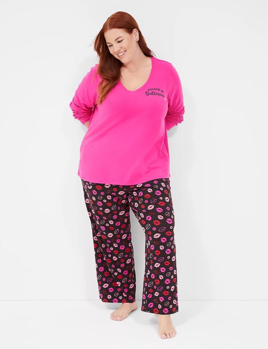 Lane Bryant Comfy Cotton V-Neck Tee & Block Pant PJ Set Pigiama Donna Viola Colorate | QKQ817BT