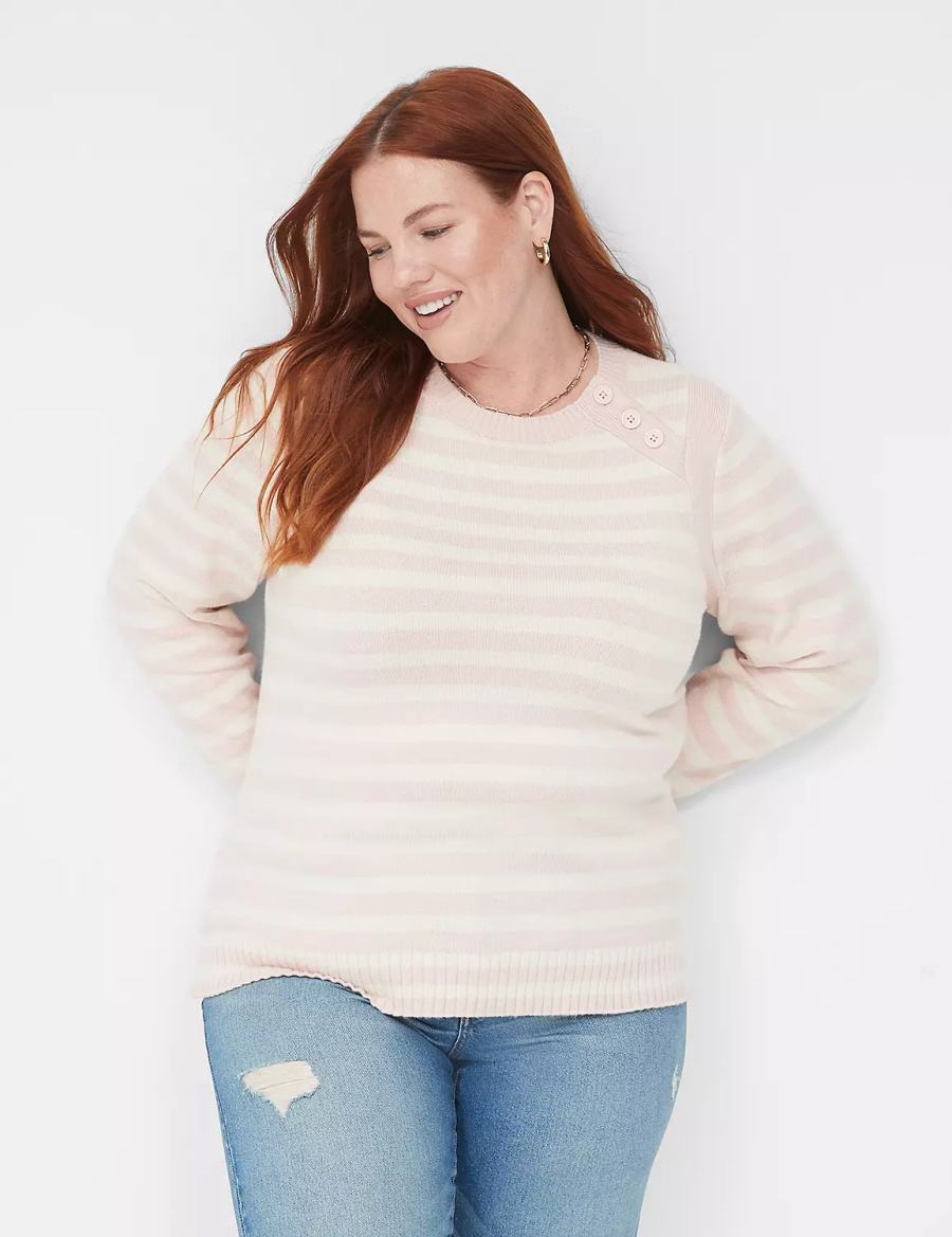 Lane Bryant Crew-Neck Button-Shoulder Stripe Maglioni Donna Corallo | ZUF6064YY