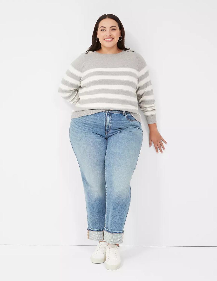 Lane Bryant Crew-Neck Button-Shoulder Striped Maglioni Donna Marroni | COM5189IC