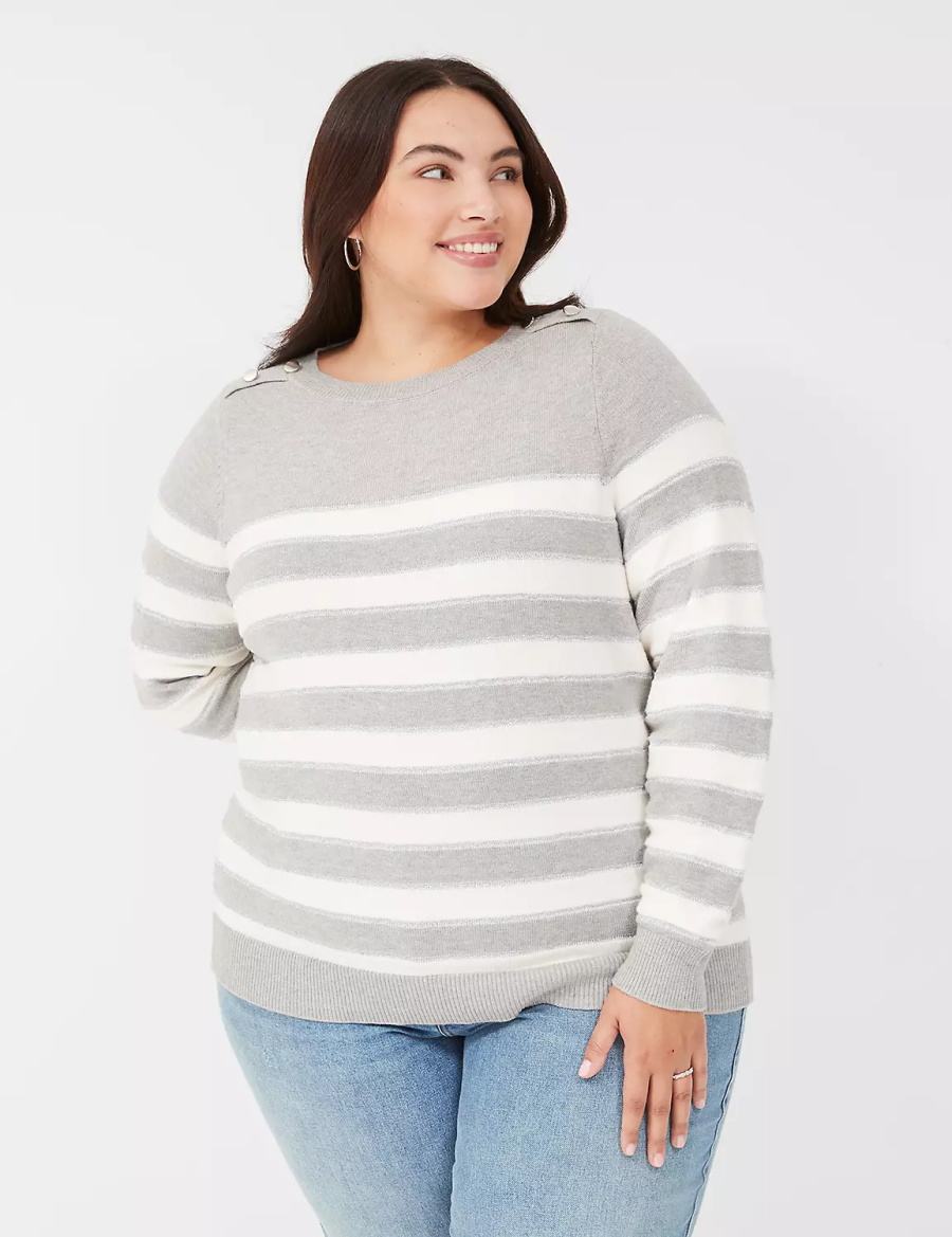 Lane Bryant Crew-Neck Button-Shoulder Striped Maglioni Donna Marroni | COM5189IC