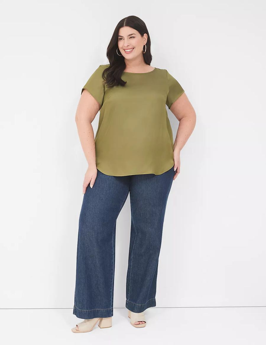 Lane Bryant Crew-Neck Satin & Knit Top Magliette Donna Verdi | FDF513AS