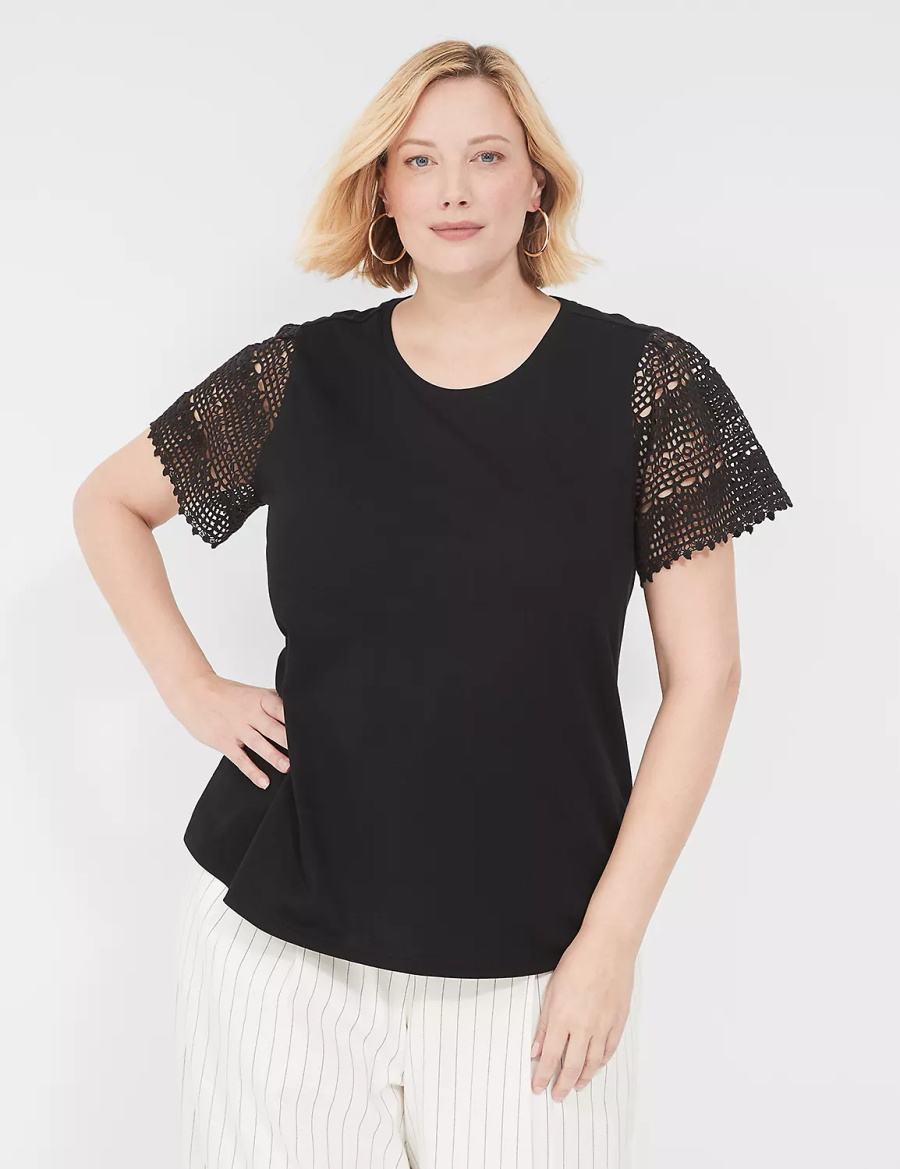 Lane Bryant Crochet-Sleeve Crew-Neck Tee Magliette Donna Nere | NFU947OM