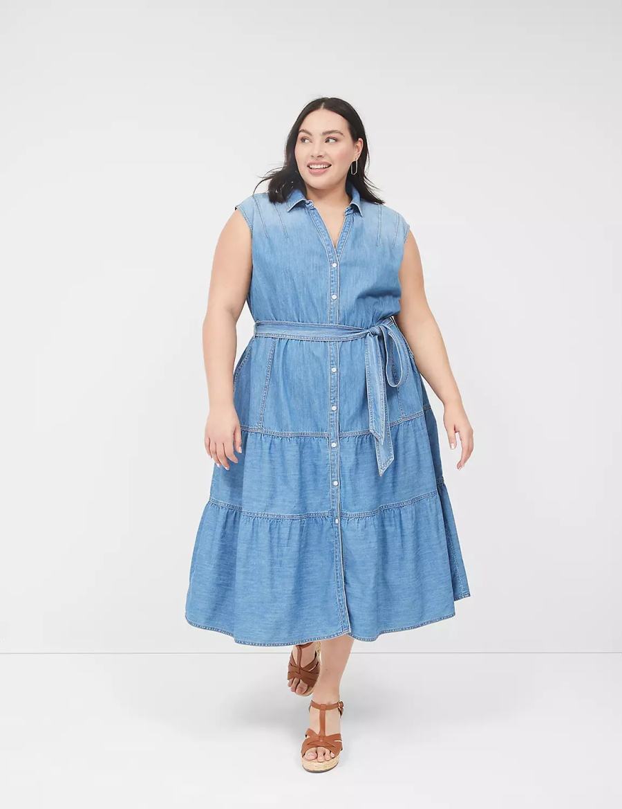 Lane Bryant Denim Tiered Abito Midi Donna Blu | INV4898TR