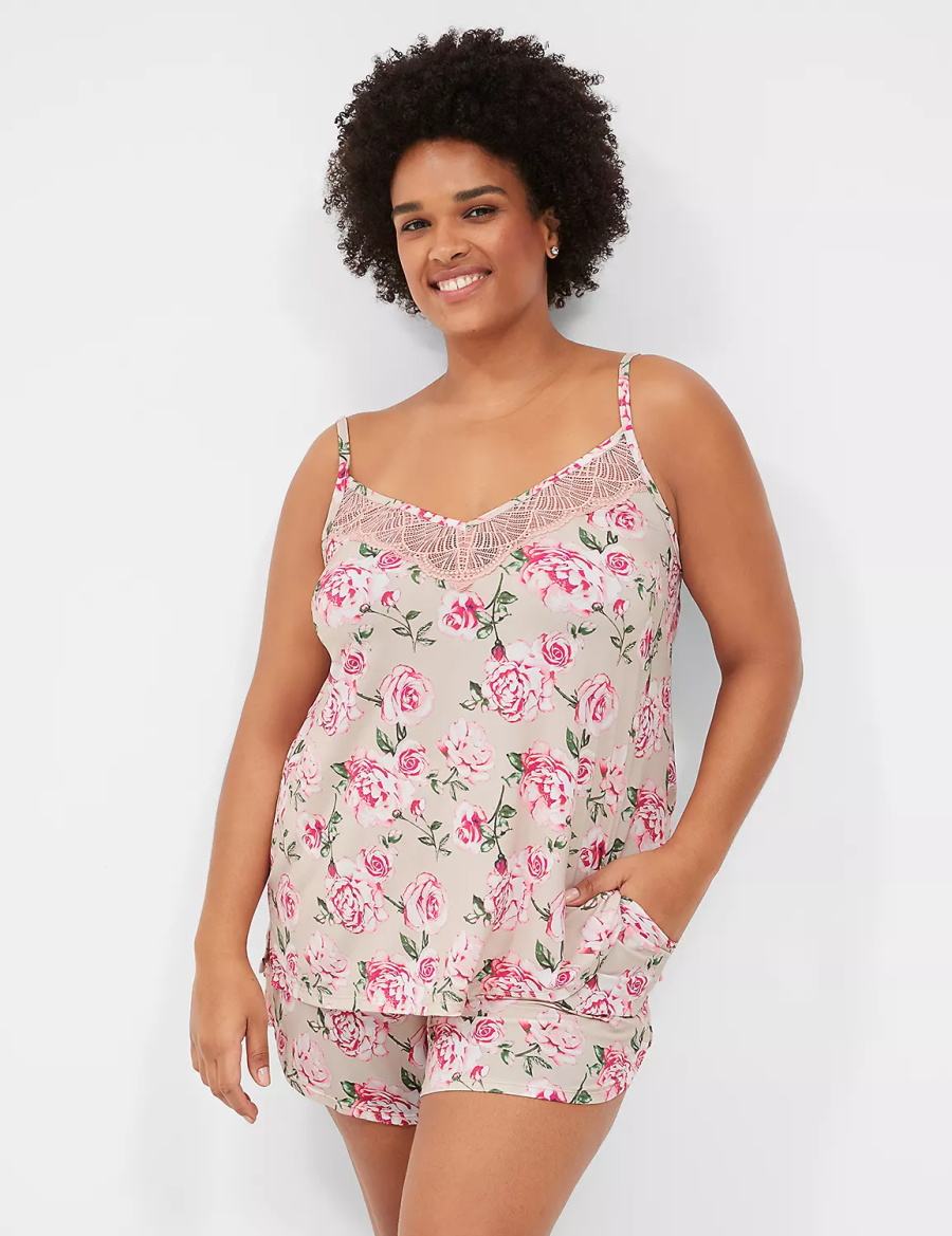 Lane Bryant DreamyCool Lace-Trim Cami & Short PJ Set Pigiama Donna Rosa Rosa | JFA7640XC