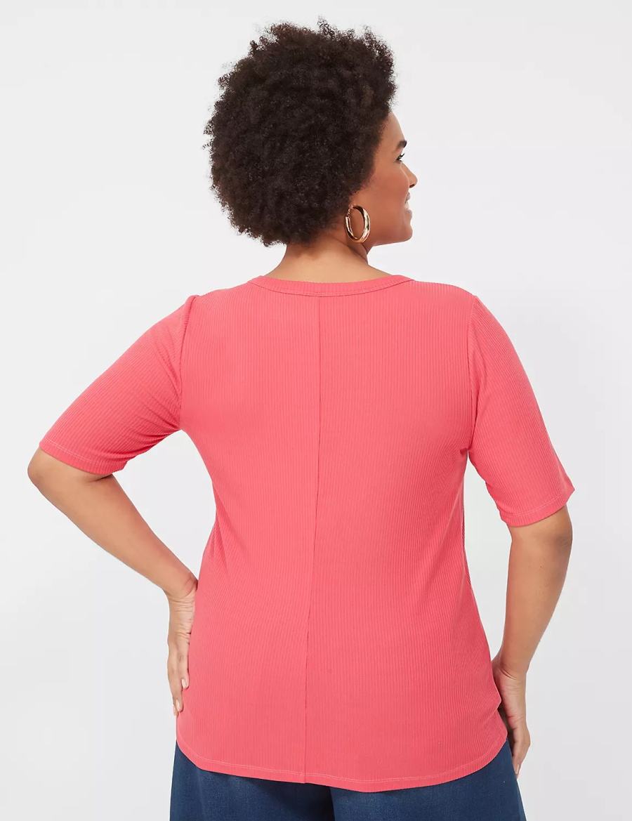 Lane Bryant Elbow-Sleeve High Crew-Neck Rib Top Magliette Donna Rosa | LQO786PF