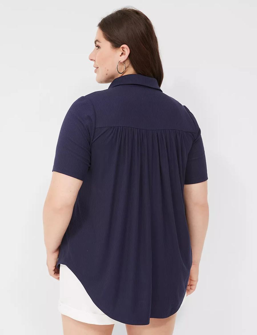 Lane Bryant Elbow-Sleeve Split-Neck Swing Polo Top Magliette Donna Blu | JMW6529ES