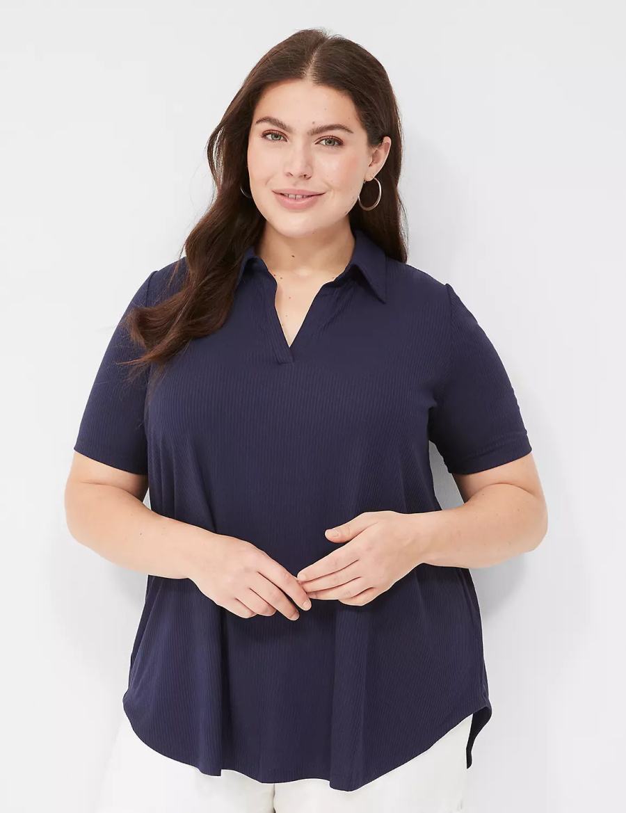 Lane Bryant Elbow-Sleeve Split-Neck Swing Polo Top Magliette Donna Blu | JMW6529ES