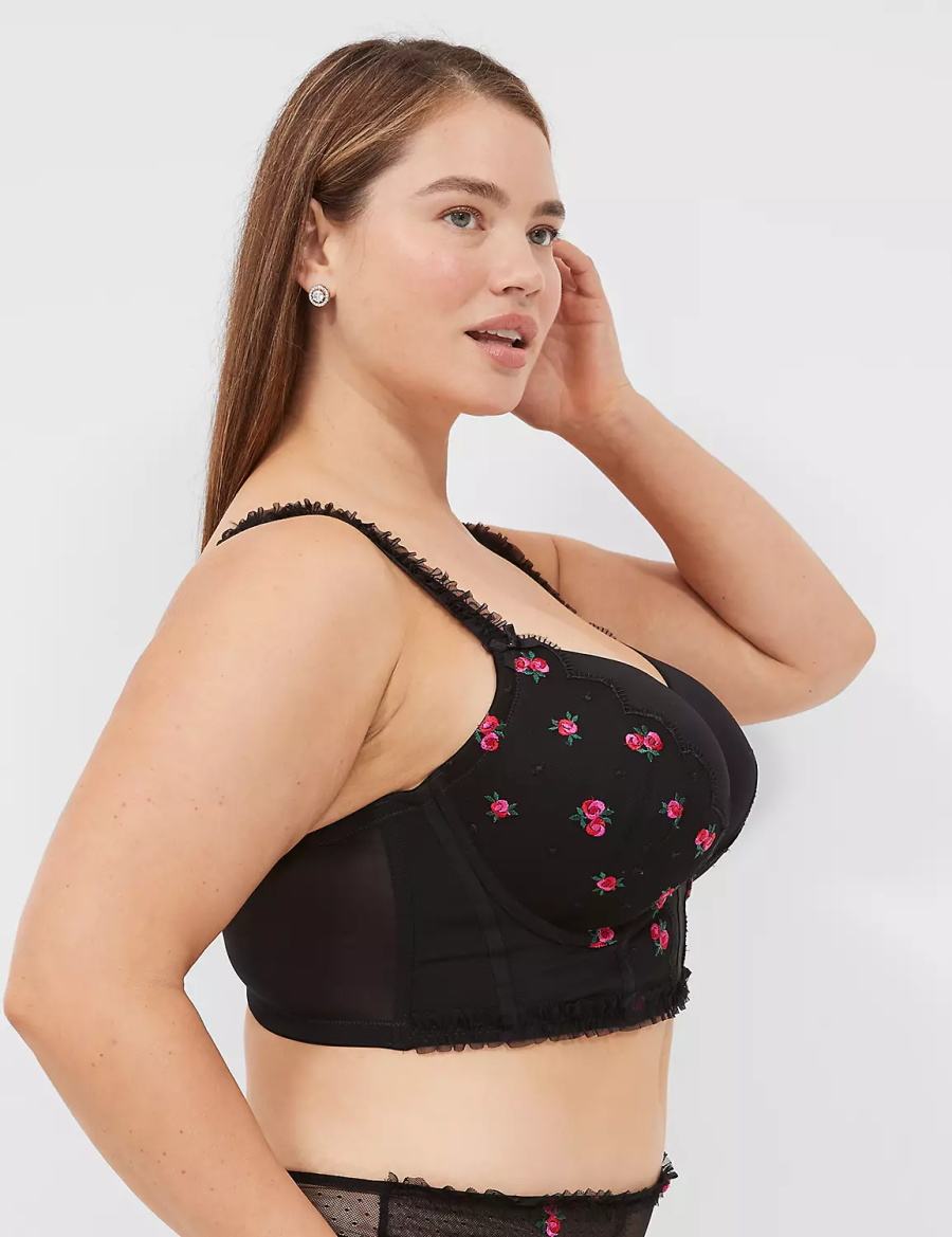 Lane Bryant Embroidered Ruffle-Trim Longline Boost Reggiseno A Balconcino Donna Nere | ISP6541WK