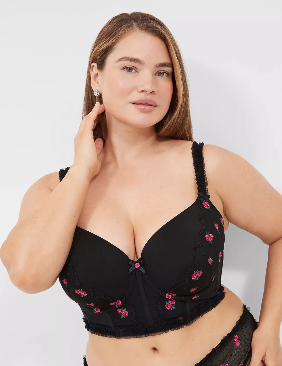 Lane Bryant Embroidered Ruffle-Trim Longline Boost Reggiseno A Balconcino Donna Nere | ISP6541WK