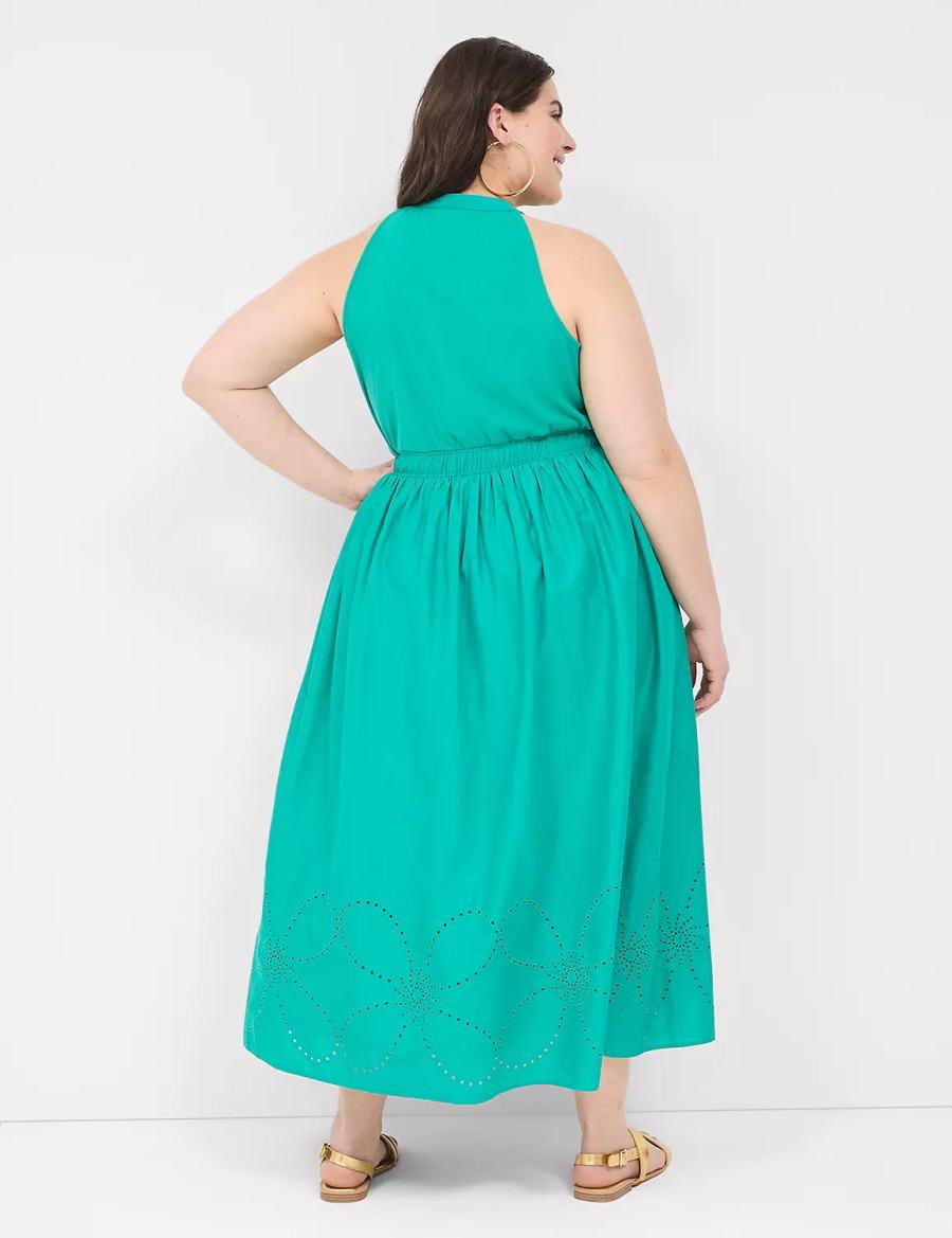 Lane Bryant Eyelet-Detail Split-Neck Abito Lungo Donna Verde Acqua Chiaro | SHM1820QC