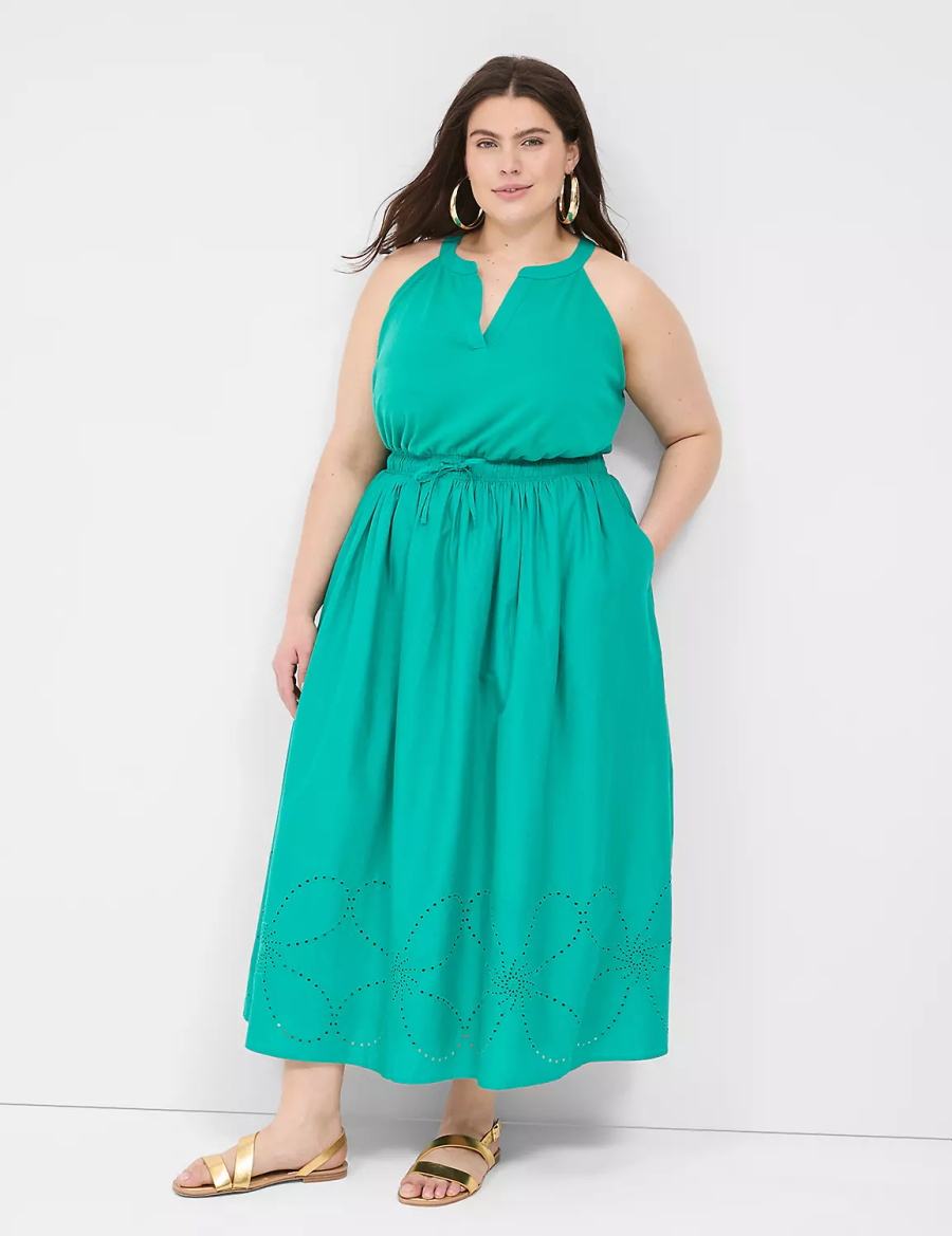 Lane Bryant Eyelet-Detail Split-Neck Abito Lungo Donna Verde Acqua Chiaro | SHM1820QC