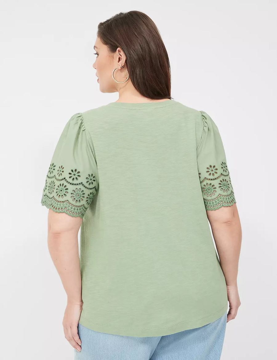 Lane Bryant Eyelet-Sleeve Crew-Neck Knit Tee Canotta Donna Verdi Chiaro | QHK612XF