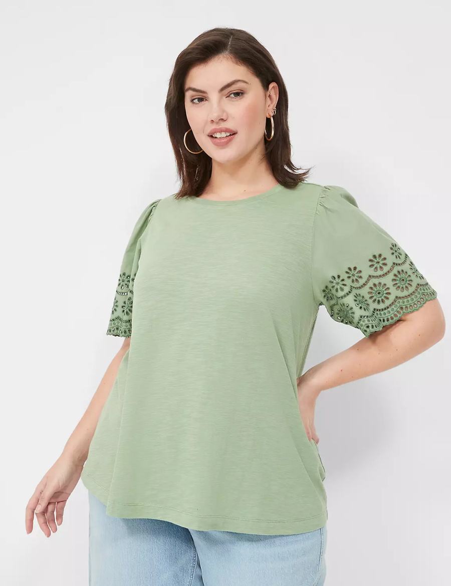 Lane Bryant Eyelet-Sleeve Crew-Neck Knit Tee Canotta Donna Verdi Chiaro | QHK612XF