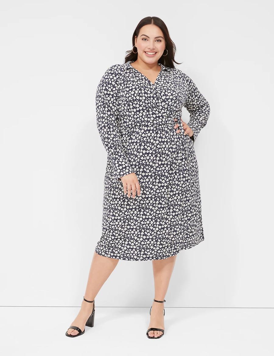 Lane Bryant Faux-Wrap Collar Jersey Abito Midi Donna Blu Marino | VYS198DJ