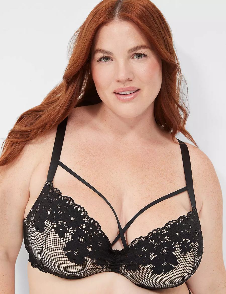 Lane Bryant Fishnet Lace Max Boost Plunge Bralette Donna Nere | TMC7372HQ