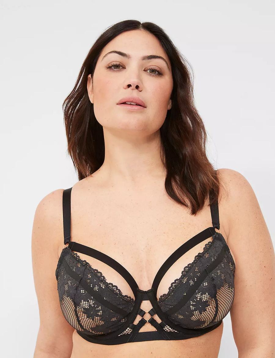 Lane Bryant Fishnet & Lace Unlined Reggiseno A Balconcino Donna Nere | YNA5073PE