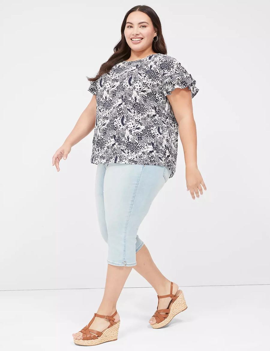 Lane Bryant Flutter-Sleeve Crew-Neck Top Magliette Donna Blu Marino Crema | CHU7930BX