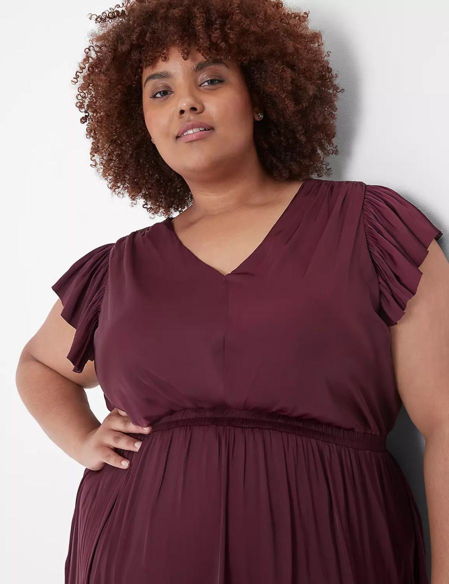 Lane Bryant Flutter-Sleeve Shirred Abito Midi Donna Bordeaux | TWG5472EM