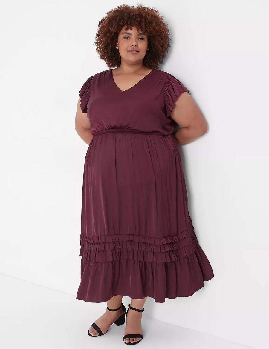 Lane Bryant Flutter-Sleeve Shirred Abito Midi Donna Bordeaux | TWG5472EM