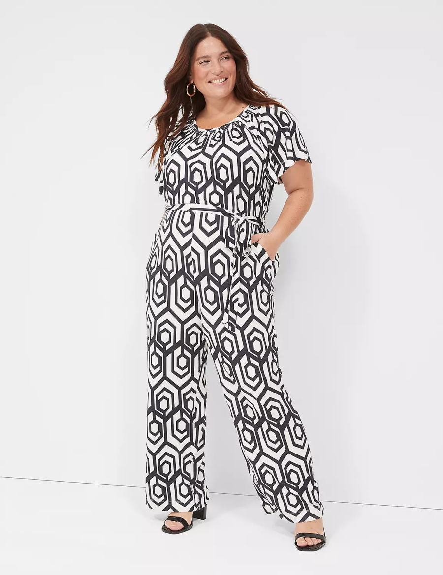 Lane Bryant Flutter-Sleeve Smocked-Neck Wide Leg Jumpsuit Donna Blu Marino | OWK595KY