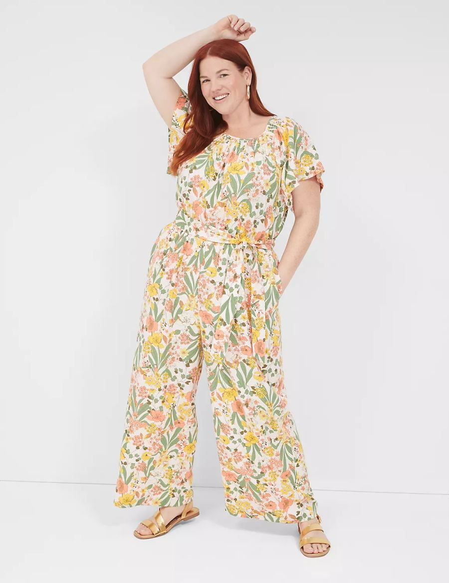 Lane Bryant Flutter-Sleeve Smocked-Neck Wide Leg Jumpsuit Donna Gialle Colorate | FDI302GZ